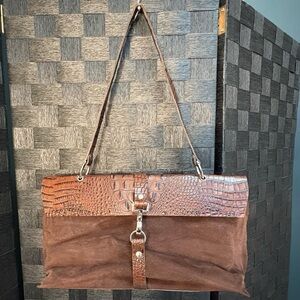 VTG Vin Baker Brown Suede Shoulder Bag with Croc-Embossed Trim